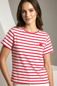 Ριγέ γυναικείο T-shirt κόκκινο λευκό με κεντημένη κόκκινη καρδιά στο στήθος