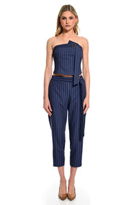ριγέ navy παντελόνι cigarette ψηλόμεσο με ζώνη και αγκράφα