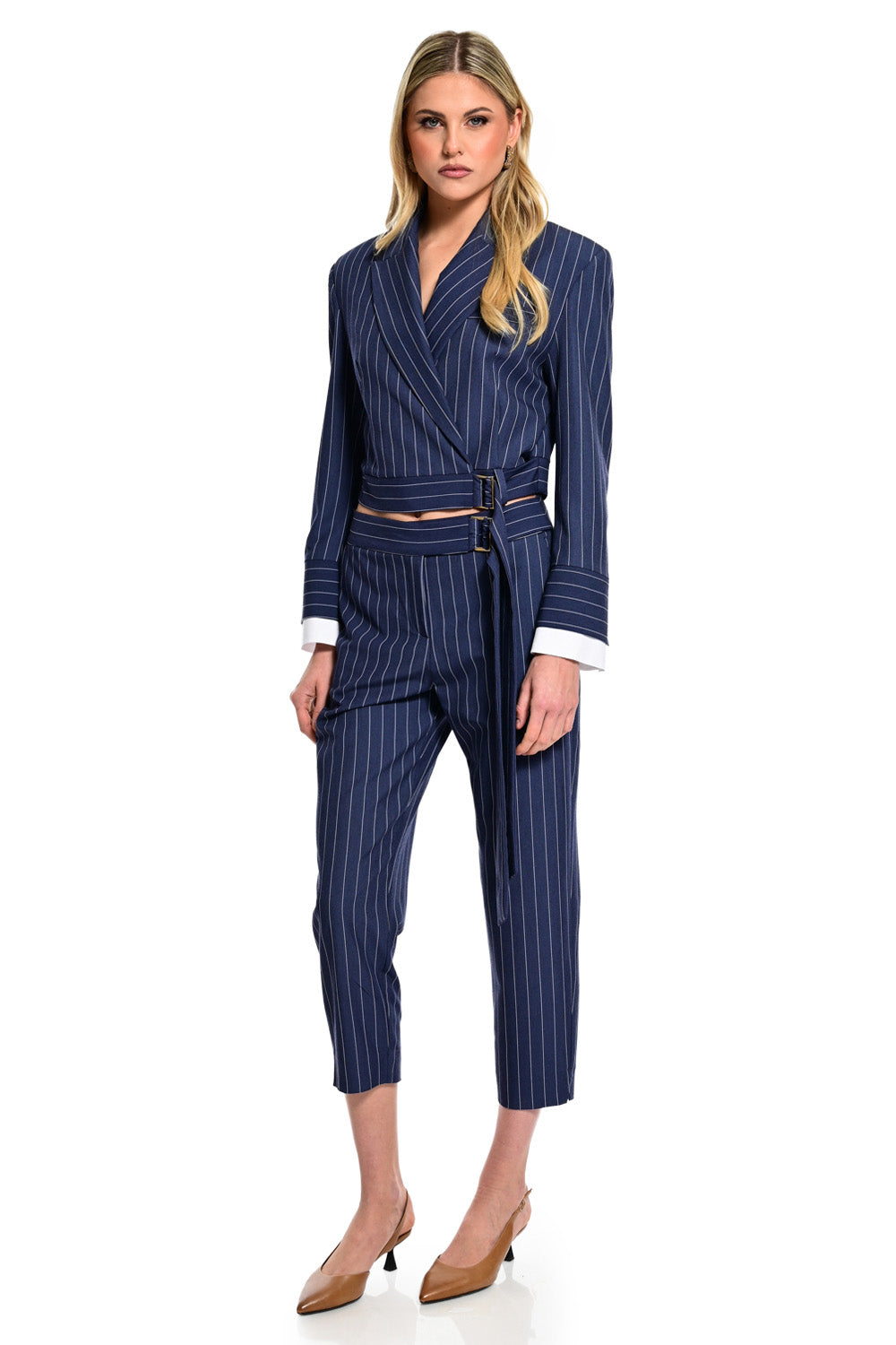 ριγέ navy παντελόνι cigarette ψηλόμεσο με ζώνη και αγκράφα