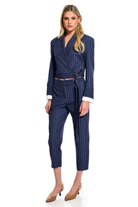 ριγέ navy παντελόνι cigarette ψηλόμεσο με ζώνη και αγκράφα