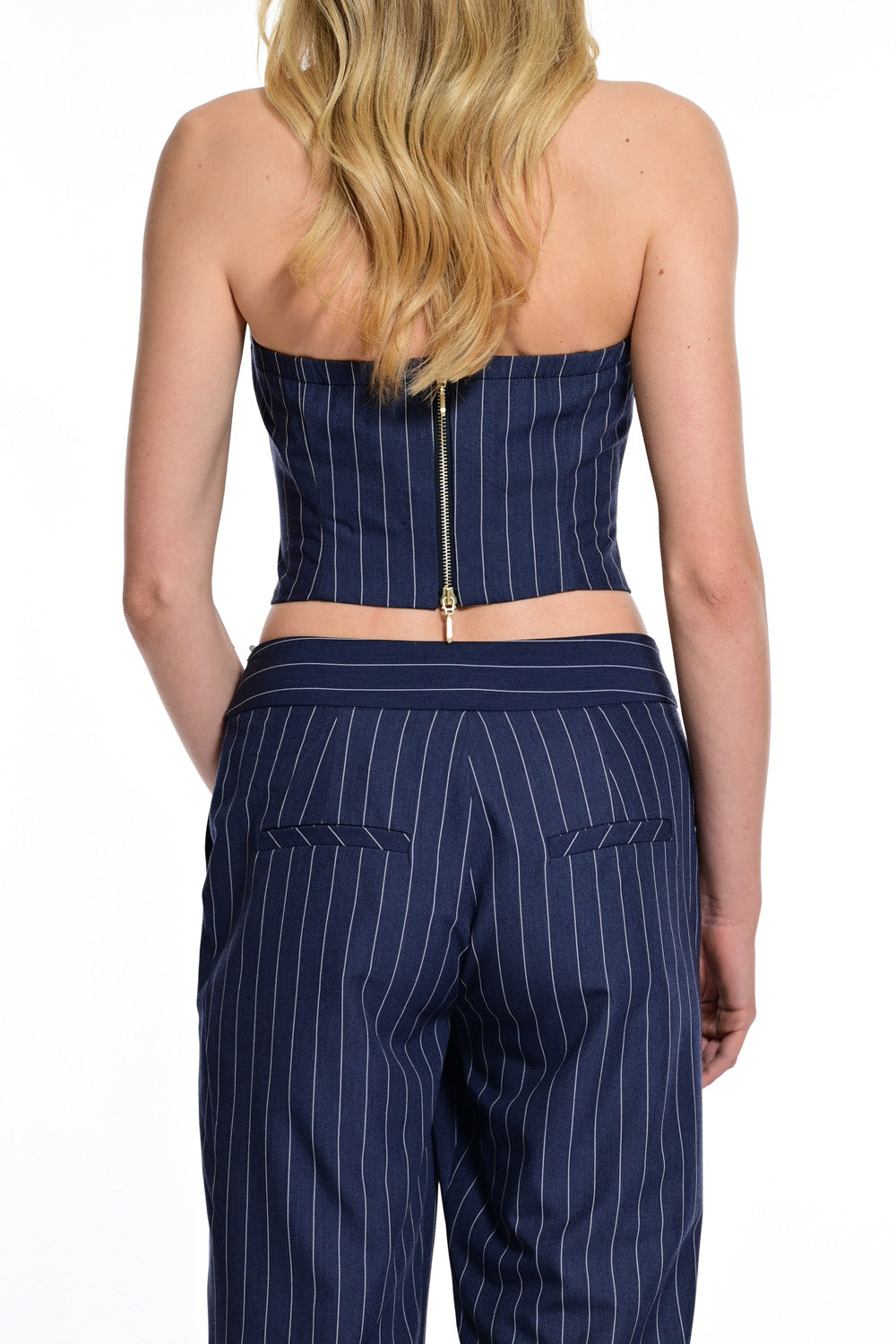 ριγέ navy παντελόνι cigarette ψηλόμεσο με ζώνη και αγκράφα