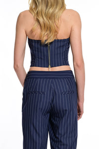 ριγέ navy παντελόνι cigarette ψηλόμεσο με ζώνη και αγκράφα