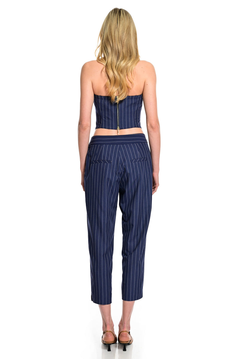 ριγέ navy παντελόνι cigarette ψηλόμεσο με ζώνη και αγκράφα