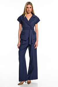 Ριγέ Navy Παντελόνι Καμπάνα με Ζώνη