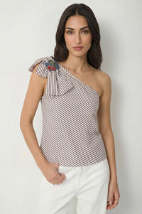 Γυναικείο ριγέ one shoulder top σε εκρού και μπλε αποχρώσεις με φιόγκο στον ώμο και κεντημένη λεπτομέρεια κεράσια.