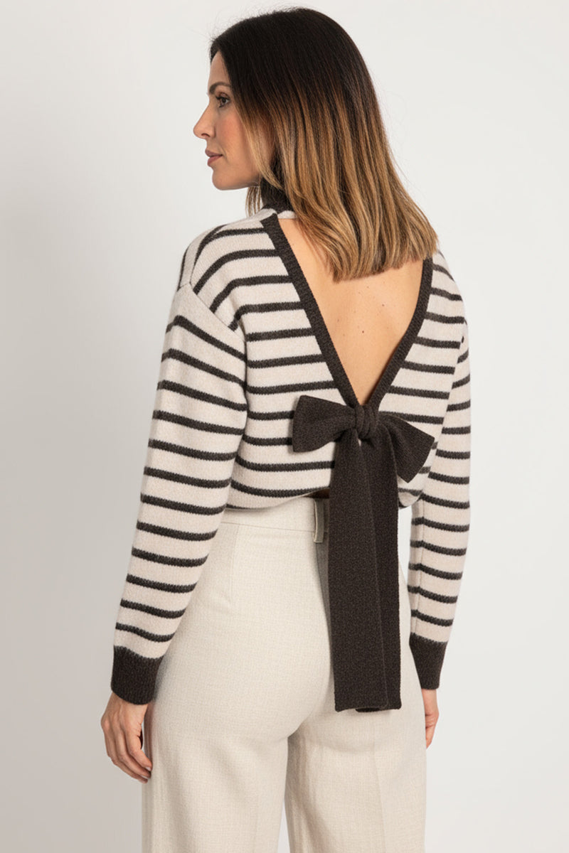 Ριγέ πλεκτή ζιβάγκο μπλούζα με φιόγκο