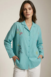 Ριγέ καρό πουκάμισο μέντα με κεντημένα λουλούδια και σχέδιο σκύλου σε άνετη γραμμή