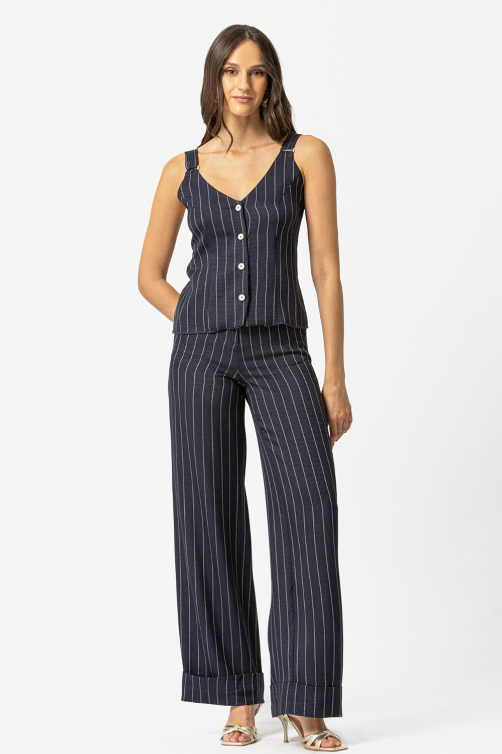 γυναικείο ριγέ ψηλόμεσο παντελόνι μπλε με ρεβέρ στο τελείωμα