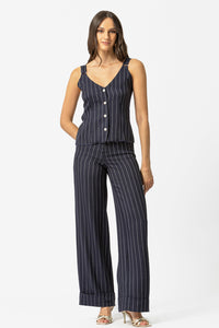 γυναικείο ριγέ ψηλόμεσο παντελόνι μπλε με ρεβέρ στο τελείωμα