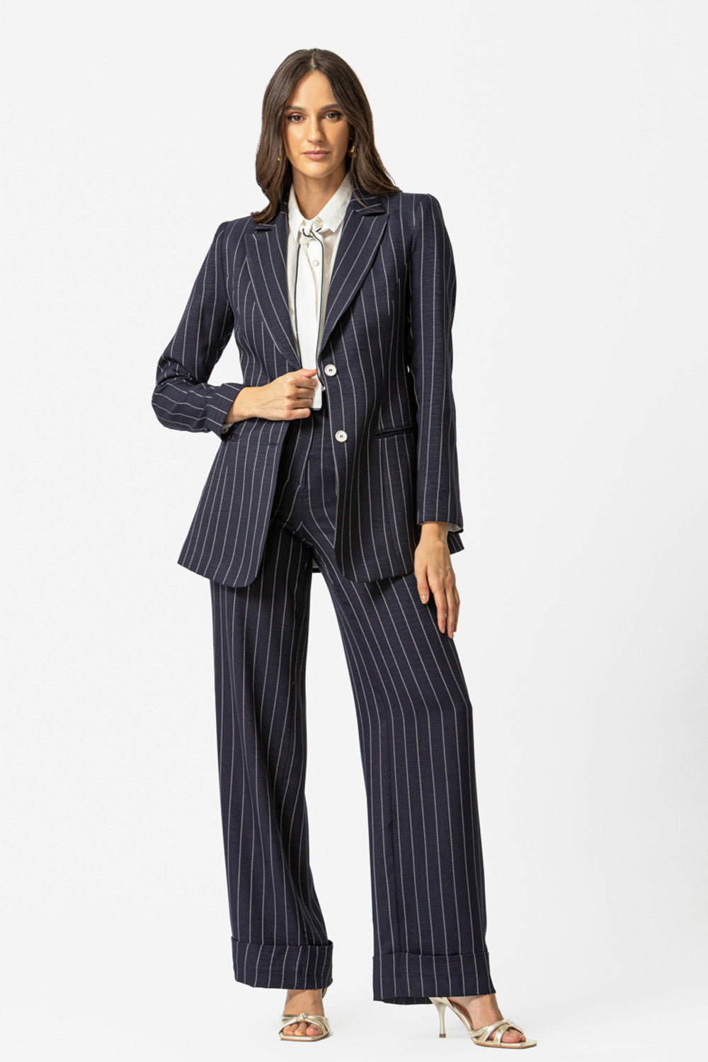 γυναικείο ριγέ ψηλόμεσο παντελόνι μπλε με ρεβέρ στο τελείωμα