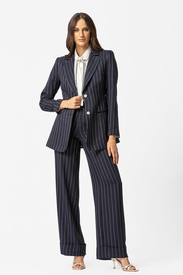 γυναικείο ριγέ ψηλόμεσο παντελόνι μπλε με ρεβέρ στο τελείωμα