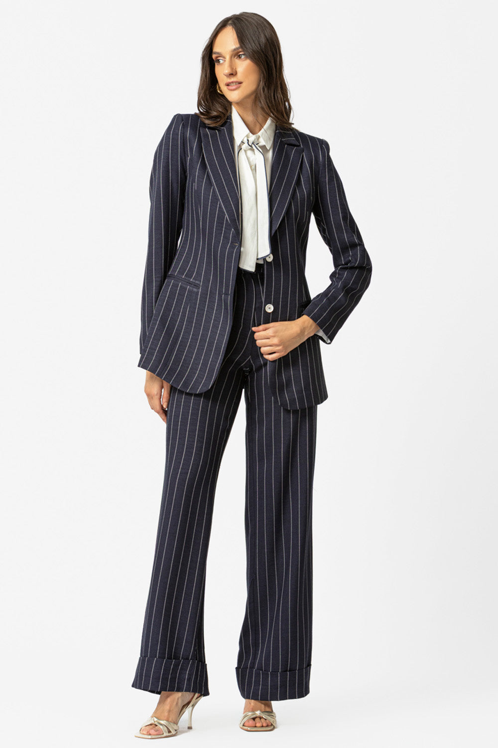 γυναικείο ριγέ ψηλόμεσο παντελόνι μπλε με ρεβέρ στο τελείωμα