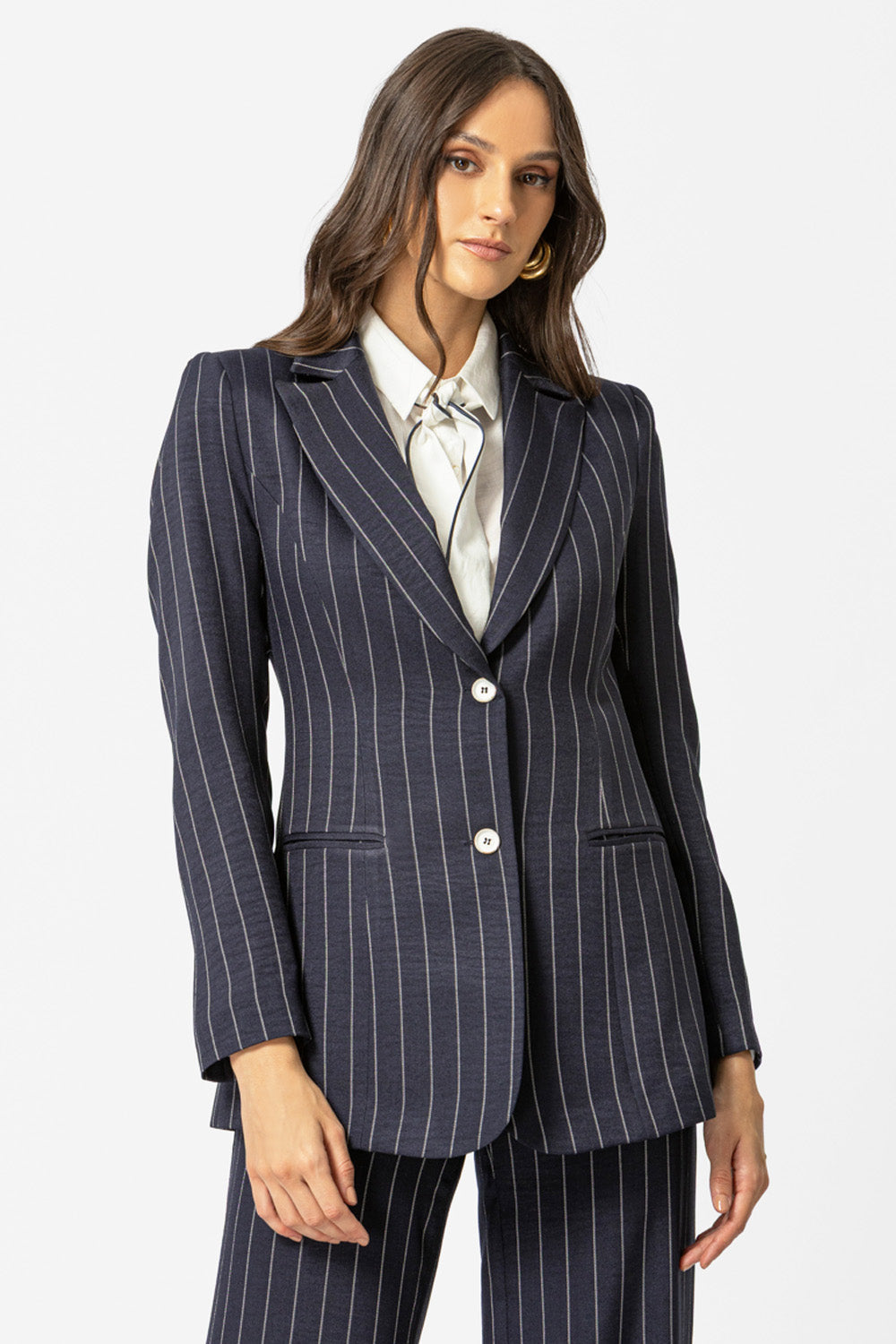 γυναικείο ριγέ σακάκι μπλε με κάθετες ρίγες και κλασικό πέτο