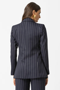 γυναικείο ριγέ σακάκι μπλε με κάθετες ρίγες και κλασικό πέτο
