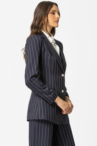 γυναικείο ριγέ σακάκι μπλε με κάθετες ρίγες και κλασικό πέτο