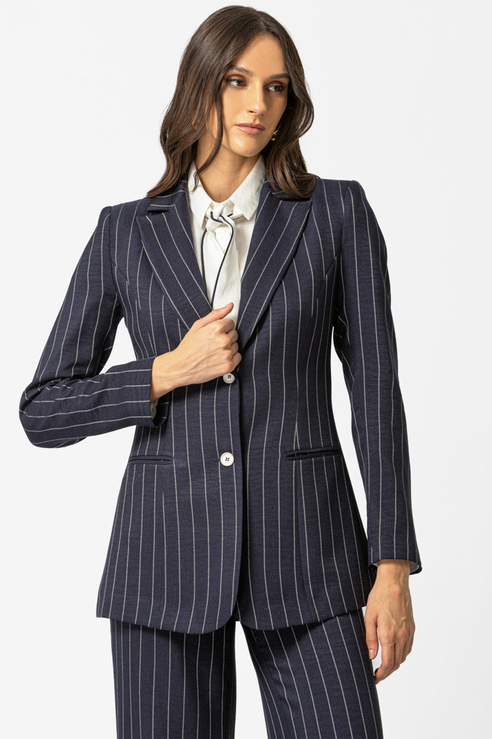 γυναικείο ριγέ σακάκι μπλε με κάθετες ρίγες και κλασικό πέτο