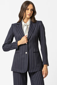 γυναικείο ριγέ σακάκι μπλε με κάθετες ρίγες και κλασικό πέτο