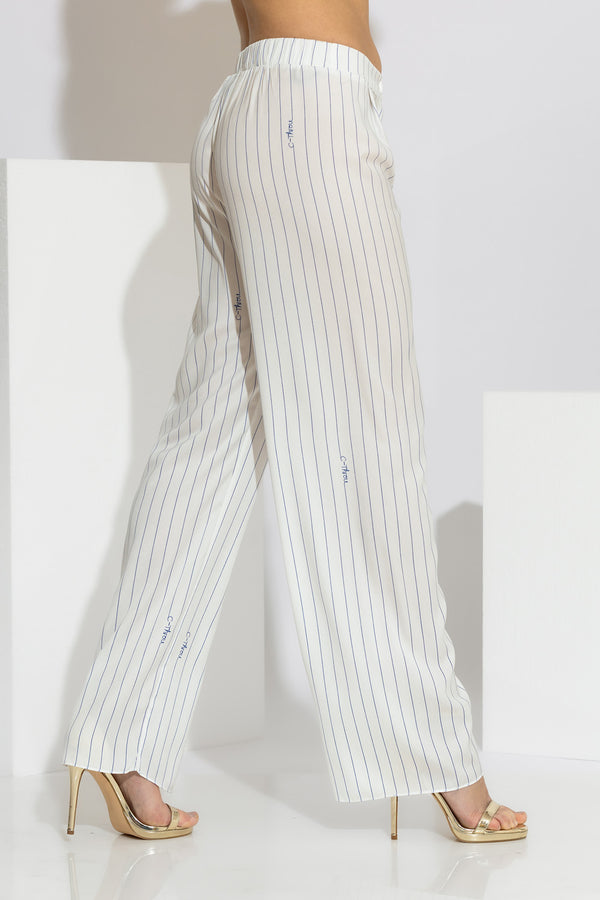 Γυναικεία εκρού σατέν παντελόνα με μπλε κάθετες ρίγες και φαρδιά γραμμή