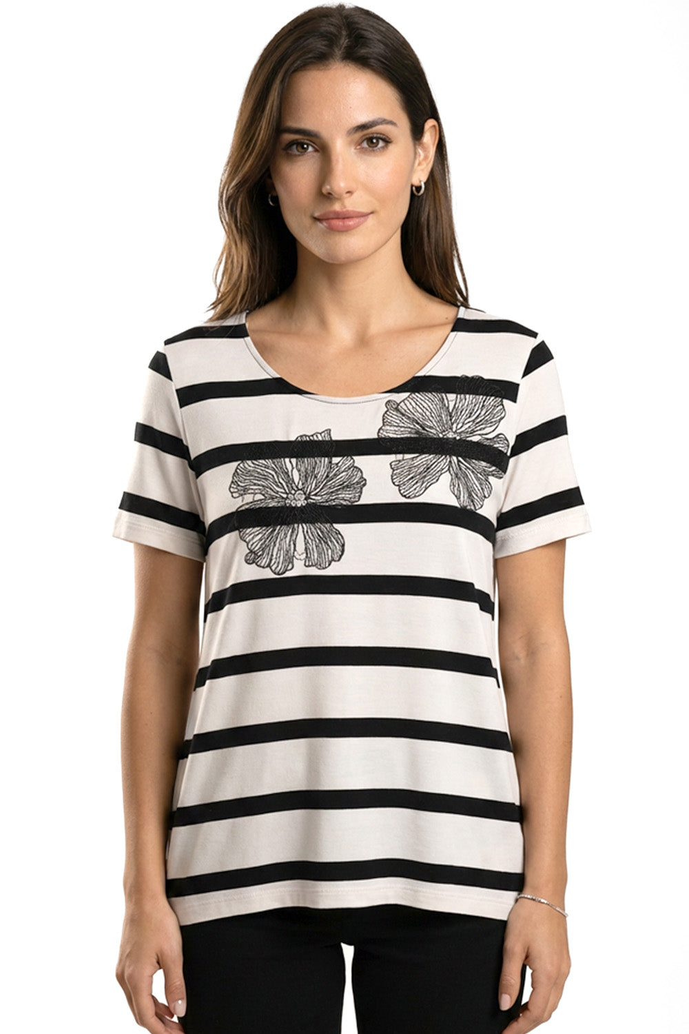 Ριγέ T-shirt εκρού με μαύρες ρίγες και floral σχέδιο στο στήθος