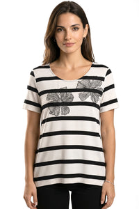 Ριγέ T-shirt εκρού με μαύρες ρίγες και floral σχέδιο στο στήθος