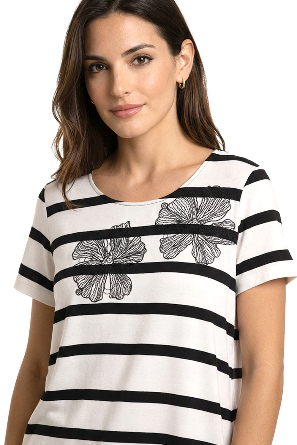 Ριγέ T-shirt εκρού με μαύρες ρίγες και floral σχέδιο στο στήθος