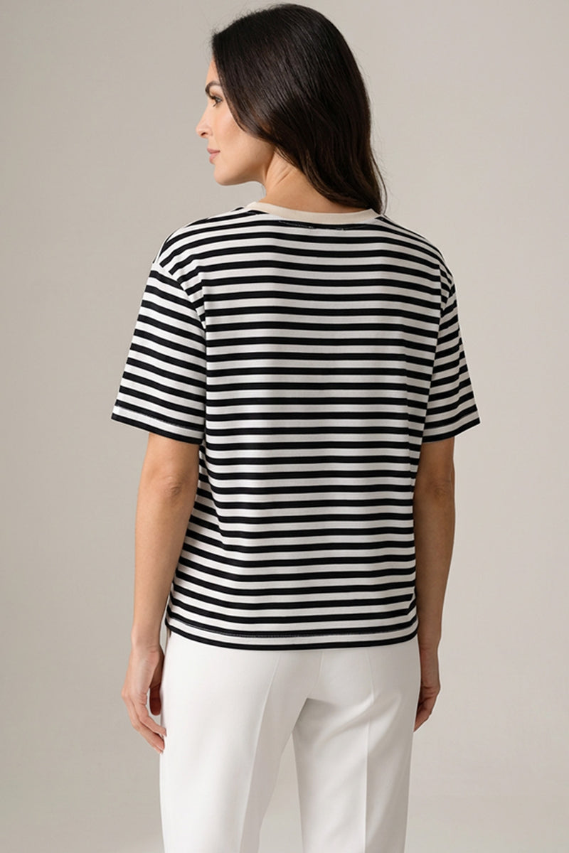 γυναικείο ριγέ t-shirt μαύρο εκρού με πολύχρωμα κεντήματα μπροστά