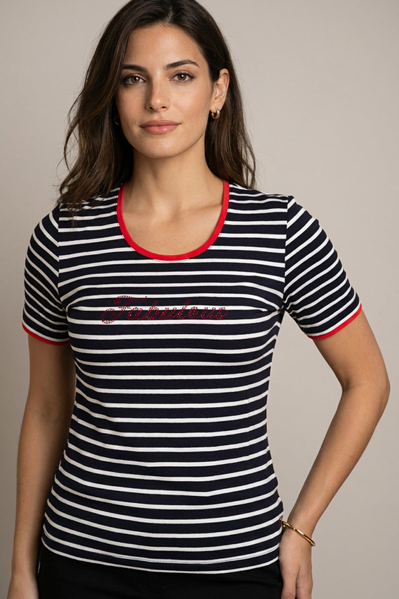 ριγέ navy T-shirt με λευκές ρίγες, κόκκινη λαιμόκοψη και διακόσμηση strass στο στήθος