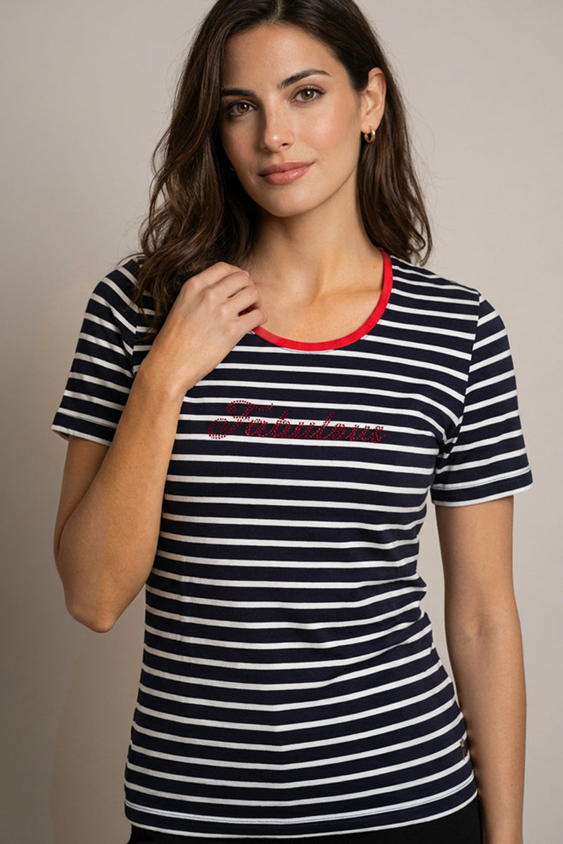 ριγέ navy T-shirt με λευκές ρίγες, κόκκινη λαιμόκοψη και διακόσμηση strass στο στήθος