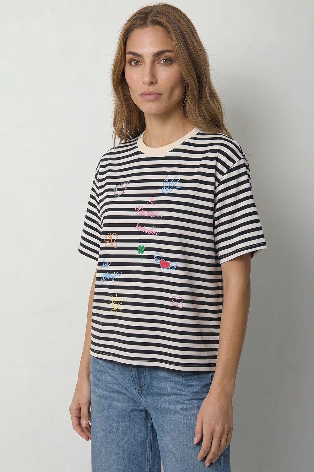 Ριγέ T-Shirt με Πολύχρωμα Κεντήματα