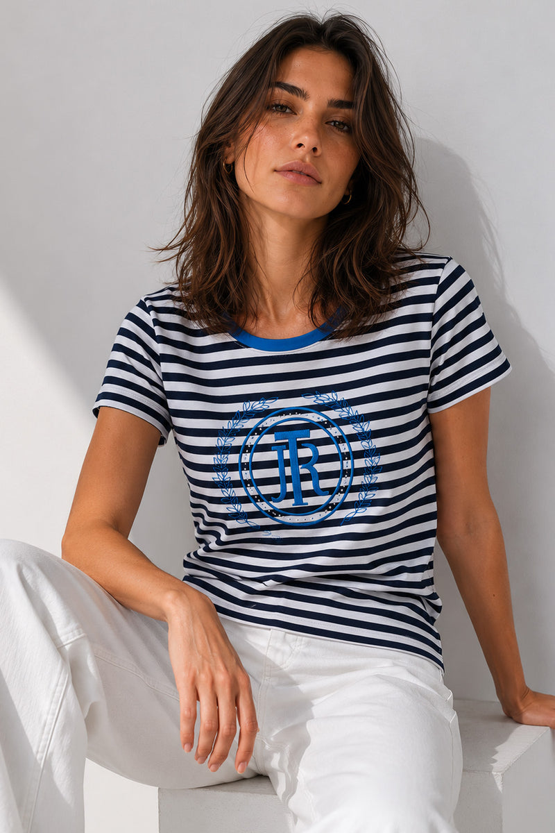 Γυναικείο navy λευκό ριγέ t-shirt με κέντημα στο μπροστινό μέρος και κοντό μανίκι.