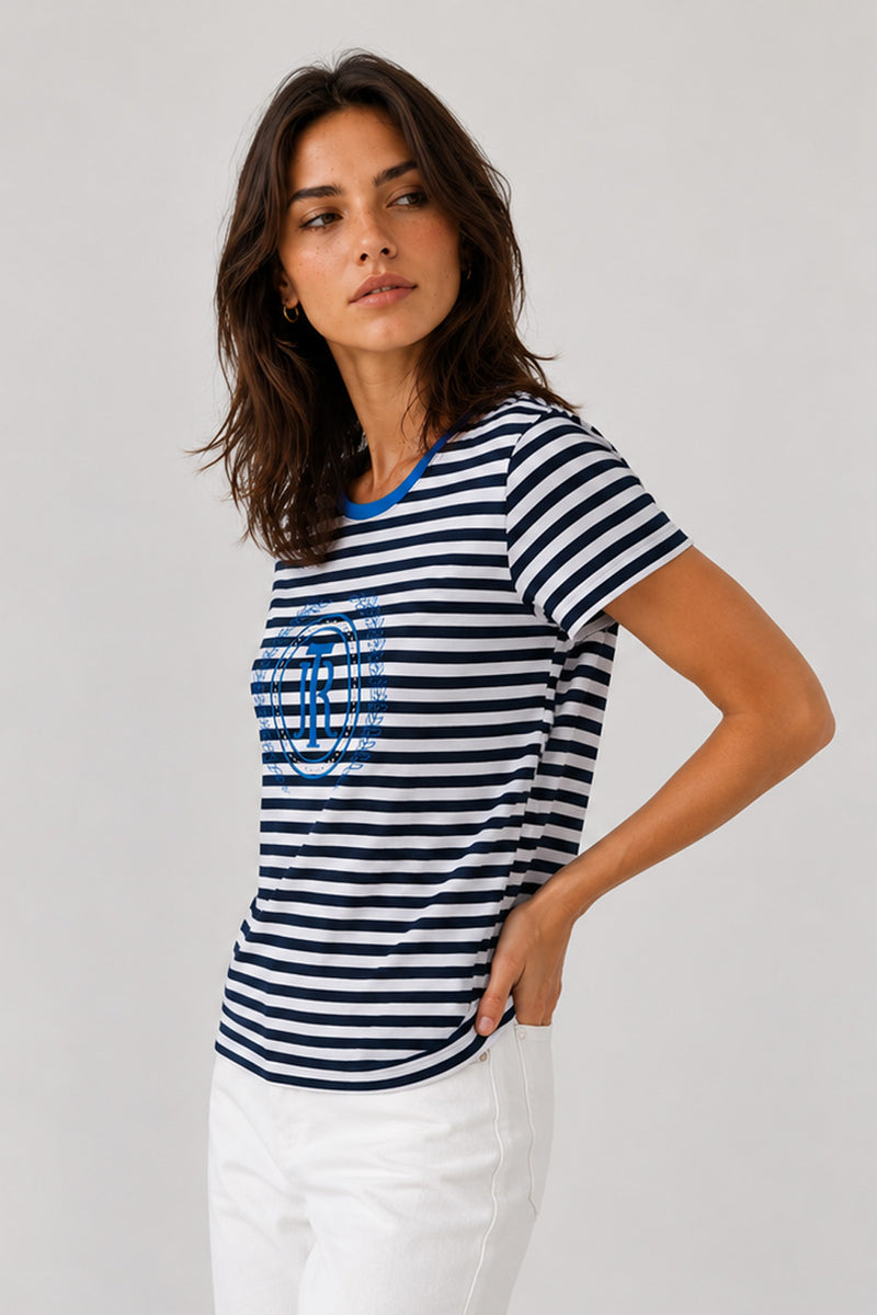 Γυναικείο navy λευκό ριγέ t-shirt με κέντημα στο μπροστινό μέρος και κοντό μανίκι.