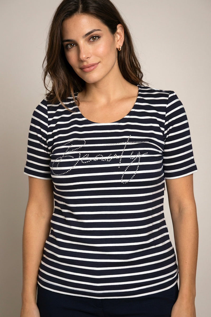 Ριγέ T-shirt Navy με Strass Λεπτομέρεια