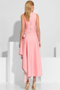 Ροζ denim ασύμμετρο φόρεμα με διακοσμητική λεπτομέρεια από κρύσταλλα στο πλάι