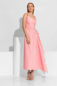 Ροζ denim ασύμμετρο φόρεμα με διακοσμητική λεπτομέρεια από κρύσταλλα στο πλάι