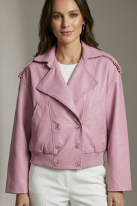 Ροζ κοντό διπλόκουμπο jacket με γιακά και ριπ τελείωμα στη μέση σε δομημένη γραμμή