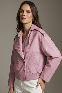 Ροζ κοντό διπλόκουμπο jacket με γιακά και ριπ τελείωμα στη μέση σε δομημένη γραμμή