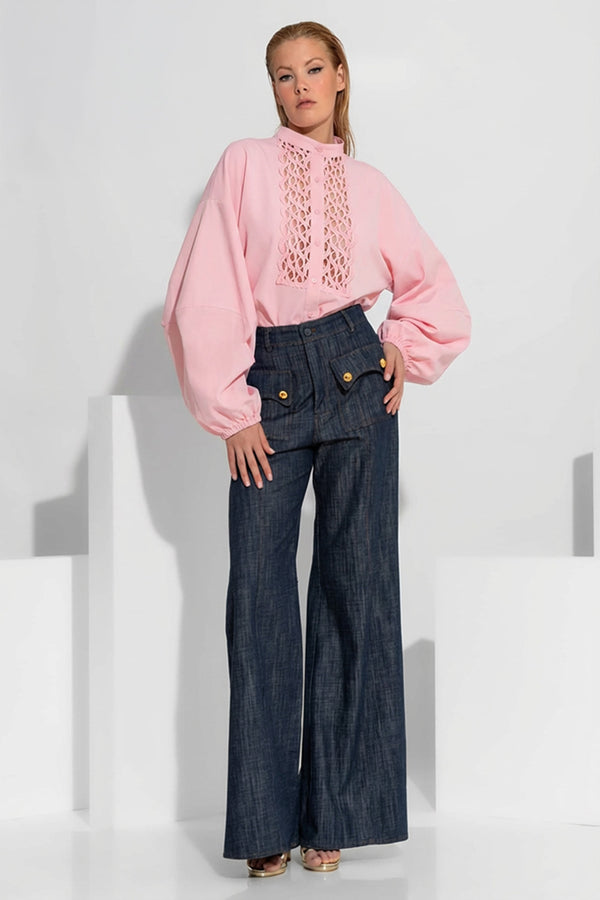 ροζ γυναικείο πουκάμισο με δαντέλα στο μπροστινό μέρος