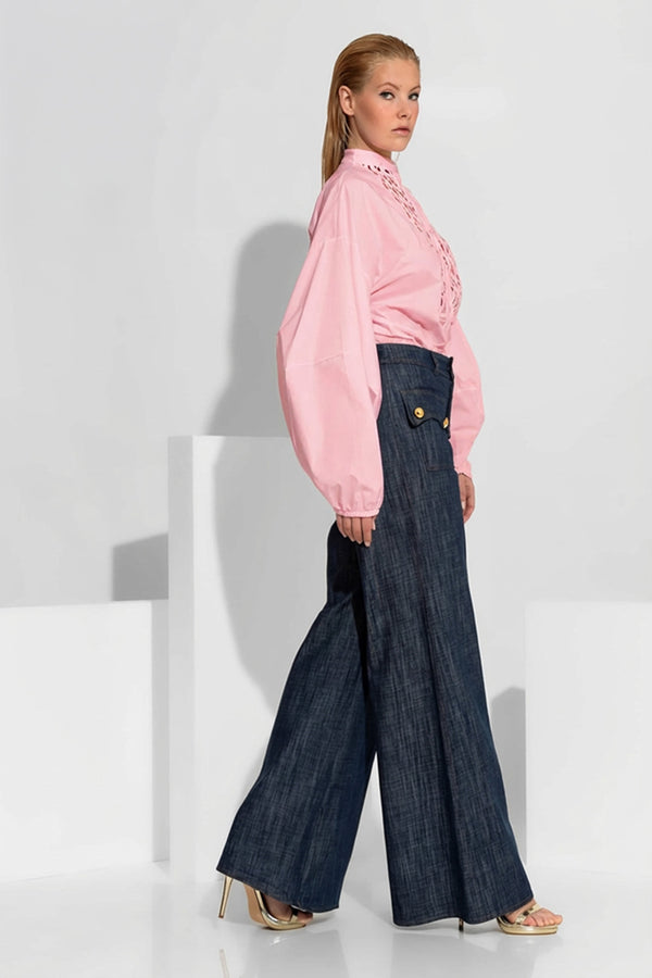 ροζ γυναικείο πουκάμισο με δαντέλα στο μπροστινό μέρος