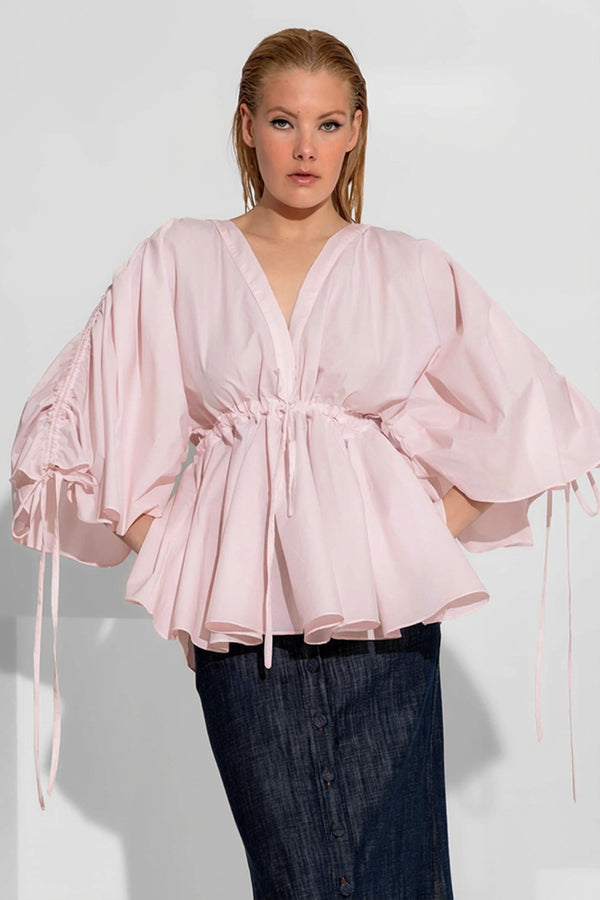 Ροζ πουκάμισο ποπλίνα με balloon μανίκια και σούρες στη μέση