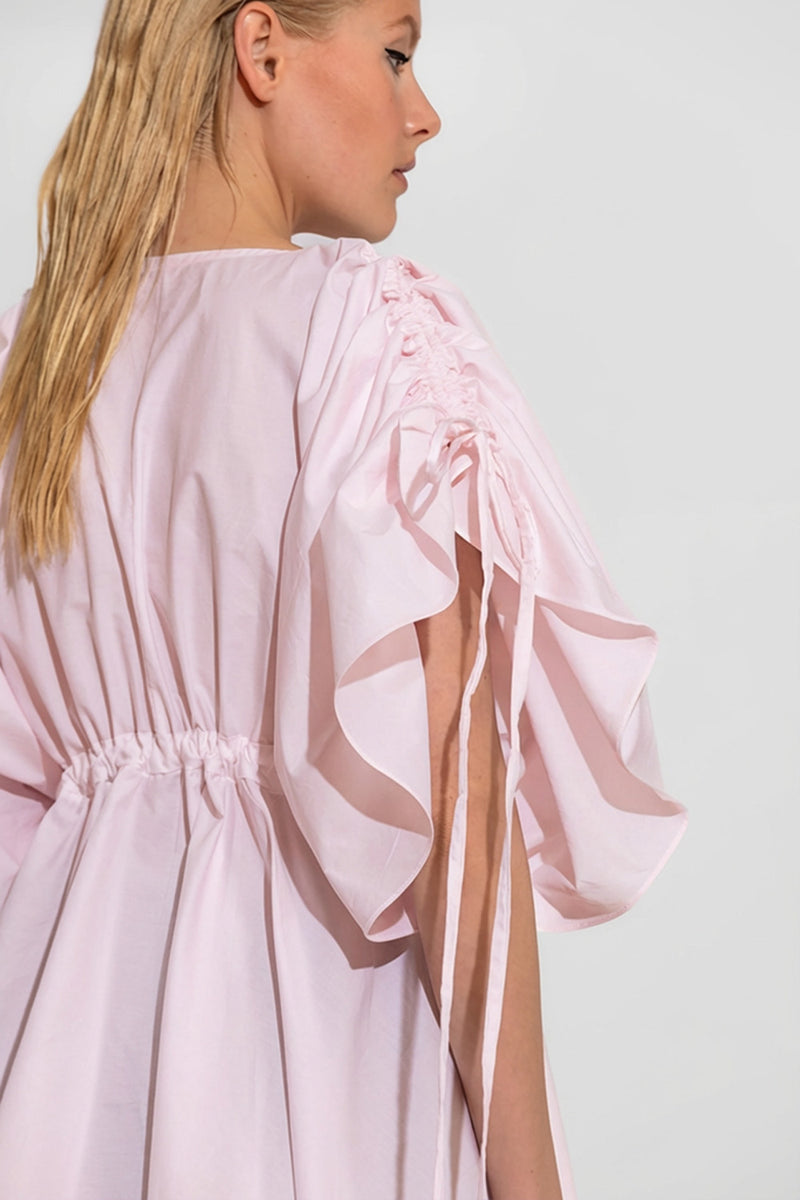 Ροζ πουκάμισο ποπλίνα με balloon μανίκια και σούρες στη μέση