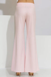 Ροζ ριγέ γυναικείο παντελόνι καμπάνα από κρεπ ύφασμα με μακριά γραμμή