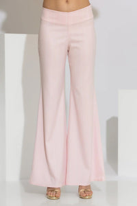 Ροζ ριγέ γυναικείο παντελόνι καμπάνα από κρεπ ύφασμα με μακριά γραμμή