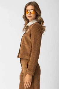 Καφέ σακάκι κοτλέ Amsterdam με κεντημένο σήμα και μπροστινά κουμπιά