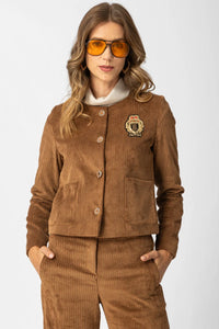 Καφέ σακάκι κοτλέ Amsterdam με κεντημένο σήμα και μπροστινά κουμπιά