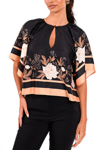 Σατέν μπλούζα μαύρη με floral print και άνοιγμα στο ντεκολτέ, φαρδιά μανίκια από Ellisargi Boutique