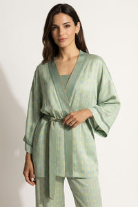 Γυναικείο σατέν κιμονό με γεωμετρικό τύπωμα, πλεκτές λεπτομέρειες και ζώνη στη μέση σε βεραμάν αποχρώσεις