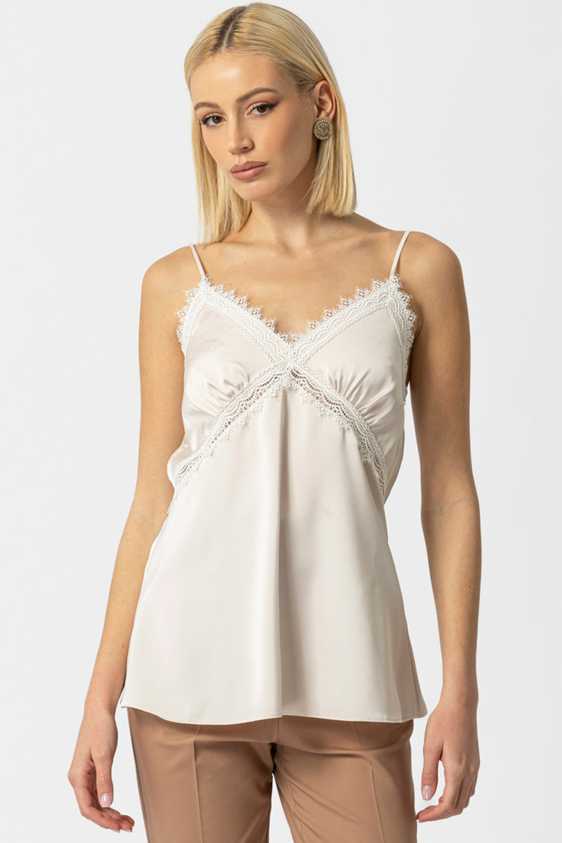 εκρού σατέν top με δαντέλα και λεπτές τιράντες
