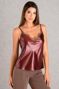 Μπλούζα σατέν burgundy με δαντέλα στο ντεκολτέ και λεπτές τιράντες, γυναικείο τοπ Ellisargi Boutique