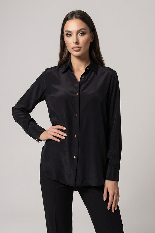 Μαύρο σατινέ πουκάμισο με κεντημένο μοτίβο σε χρυσό τόνο στην πλάτη από την Ellisargi Boutique