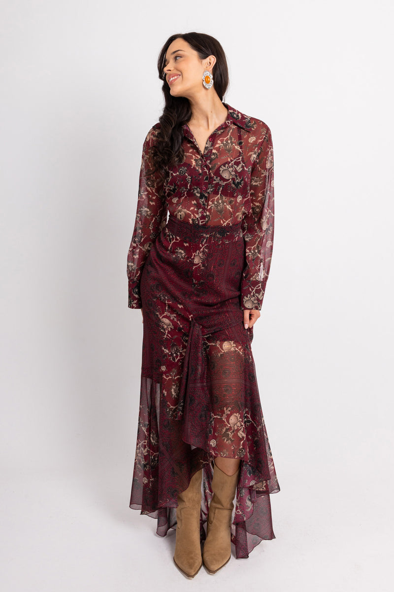 Σετ μπορντό floral με πουκάμισο και μάξι φούστα βολάν, αέρινη εφαρμογή